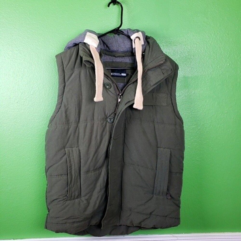Foreign Exchange Mens Green Puffy Vest With Detachable Hood Size L